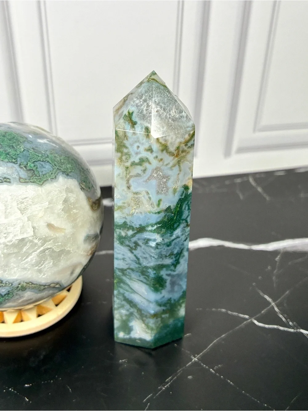 Emerald Dreamscape — Moss Agate Druzy Sphere & Tower Crystal Set